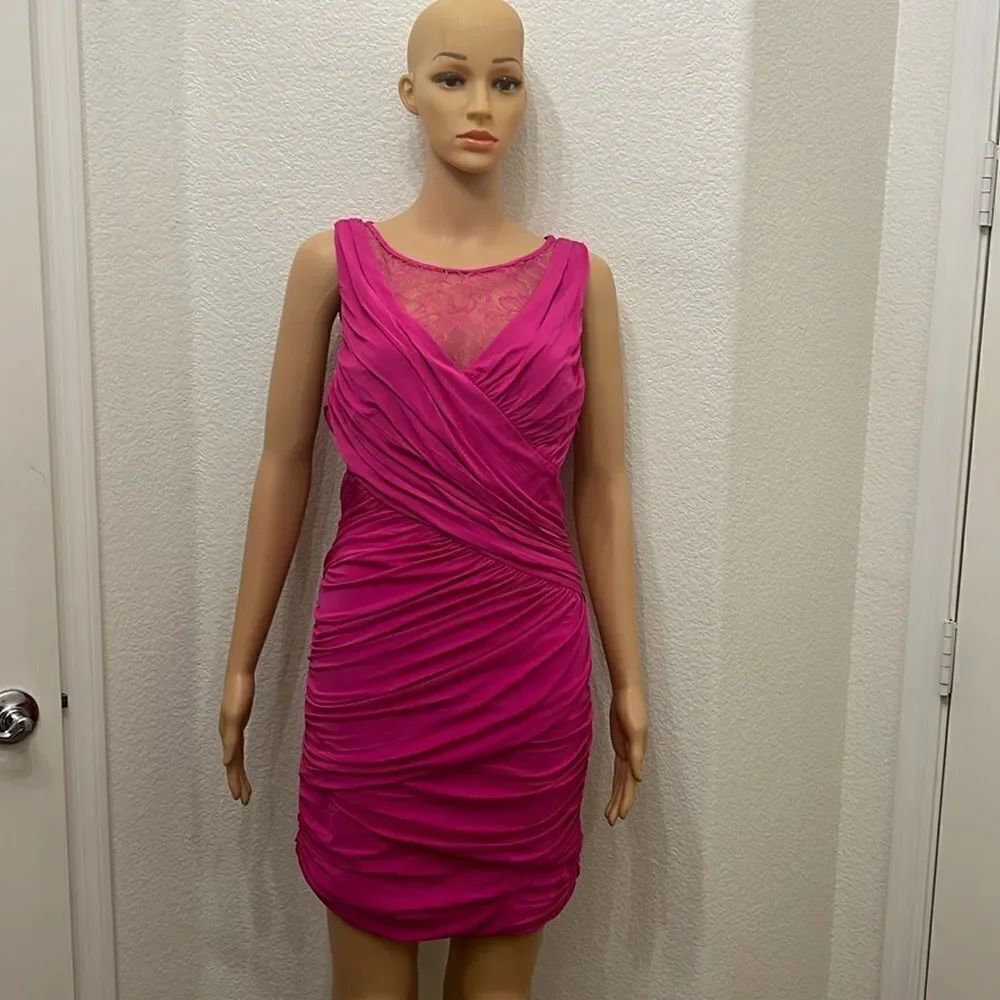 Bebé Hot Pink Ruched Bandage Dress Lace Cutouts Scoop Neck Sleeveless Slimming
